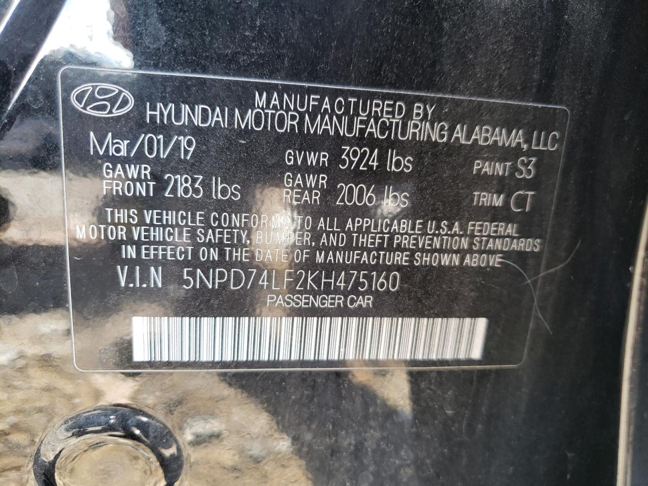 2019 Hyundai Elantra Se VIN: 5NPD74LF2KH475160 Lot: 71840075