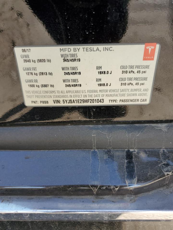 2017 Tesla Model S VIN: 5YJSA1E29HF201043 Lot: 65980995