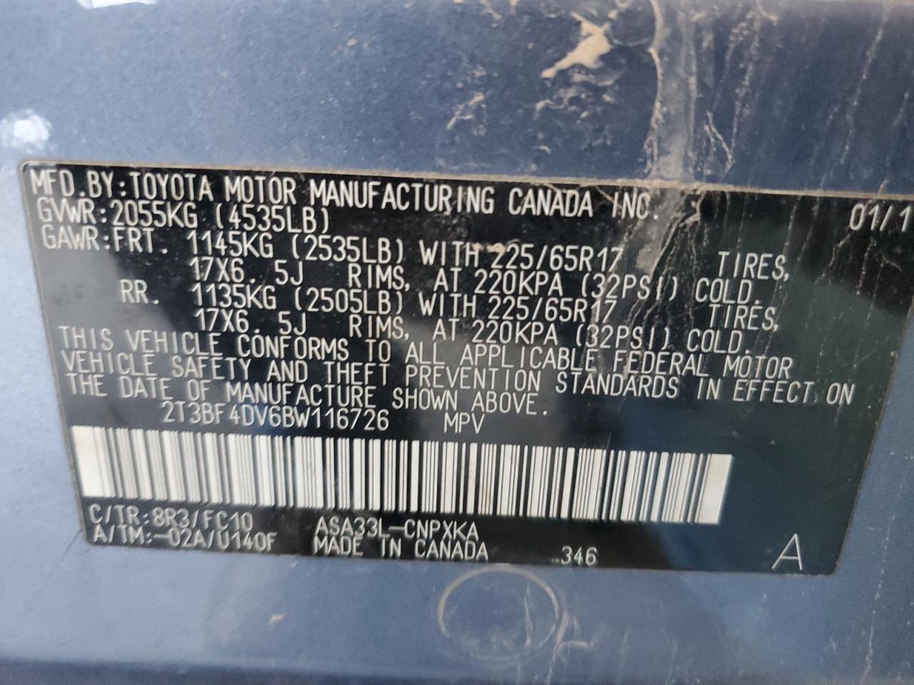 2011 Toyota Rav4 VIN: 2T3BF4DV6BW116726 Lot: 80955555