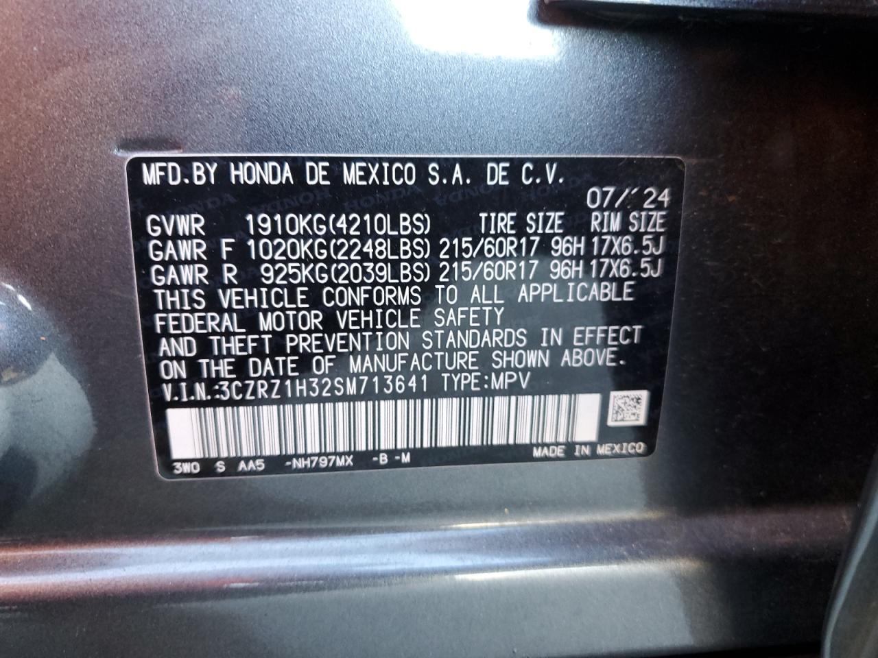 2025 Honda Hr-V Lx VIN: 3CZRZ1H32SM713641 Lot: 71453745