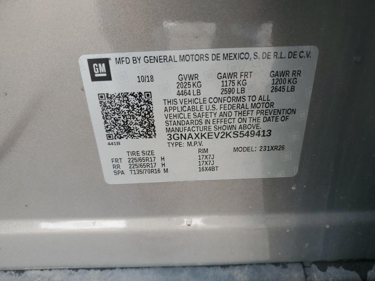 2019 Chevrolet Equinox Lt VIN: 3GNAXKEV2KS549413 Lot: 81627735