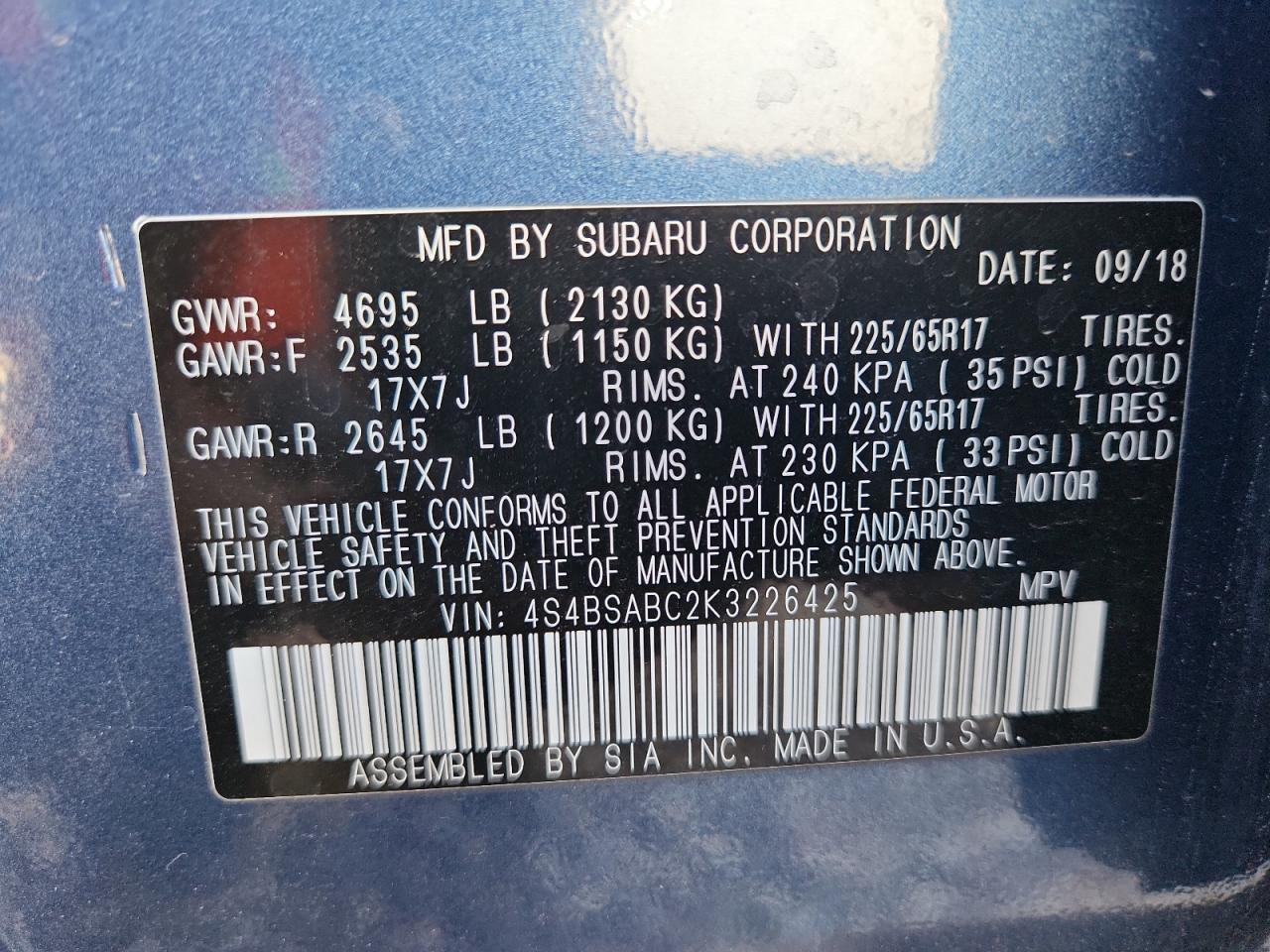 2019 Subaru Outback 2.5I VIN: 4S4BSABC2K3226425 Lot: 81799795