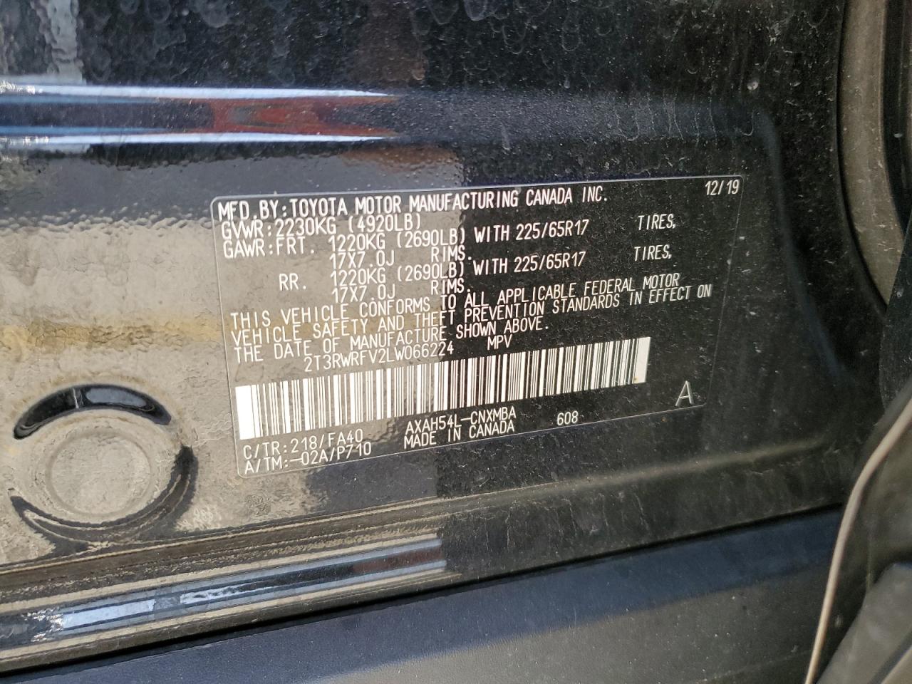 2020 Toyota Rav4 Xle VIN: 2T3RWRFV2LW066224 Lot: 84442055