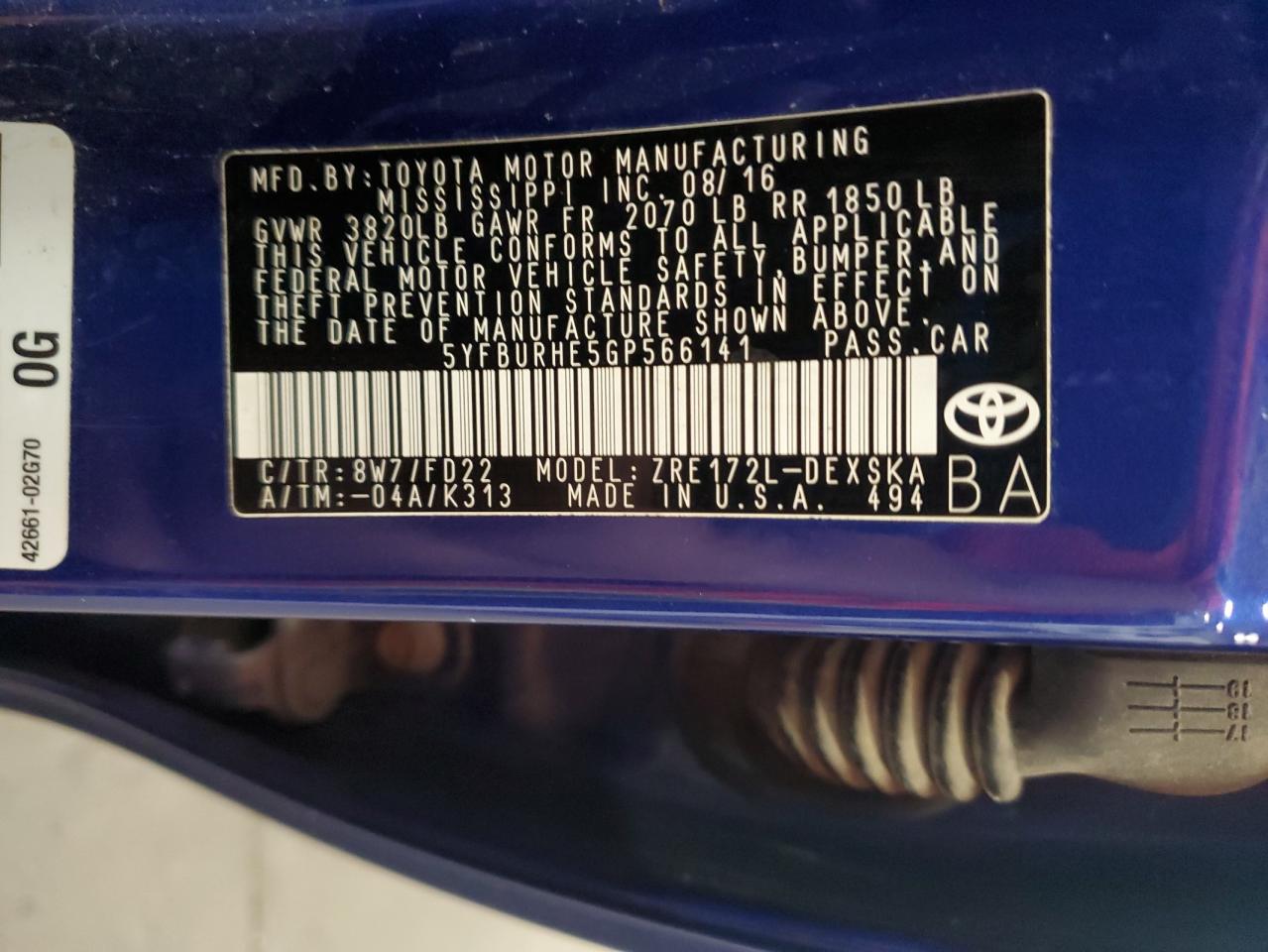 2016 Toyota Corolla L VIN: 5YFBURHE5GP566141 Lot: 84705315