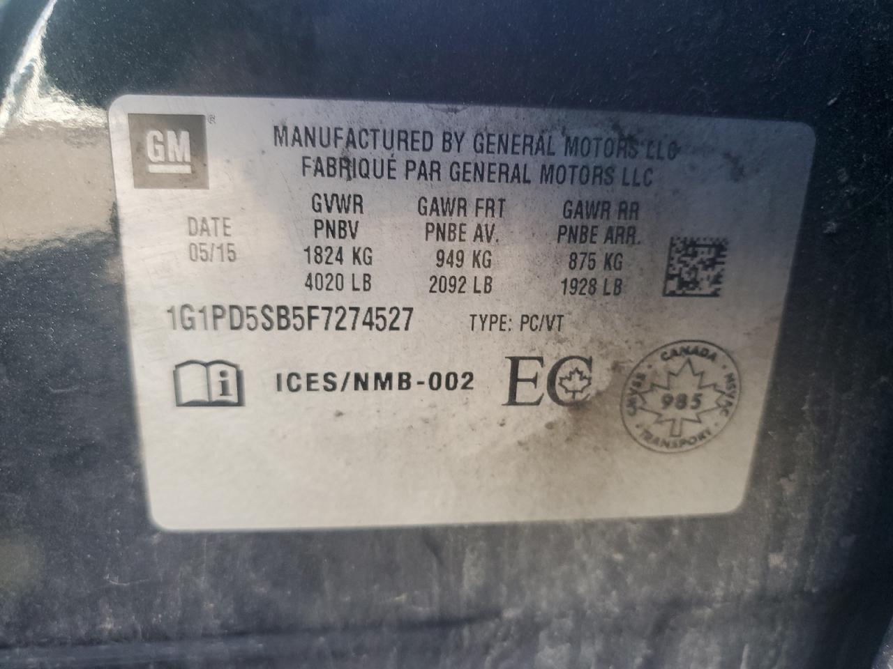 2015 Chevrolet Cruze Lt VIN: 1G1PD5SB5F7274527 Lot: 81453585