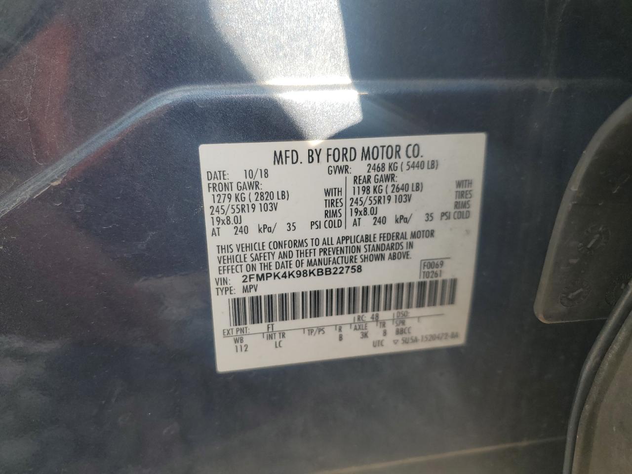 2019 Ford Edge Titanium VIN: 2FMPK4K98KBB22758 Lot: 70915755