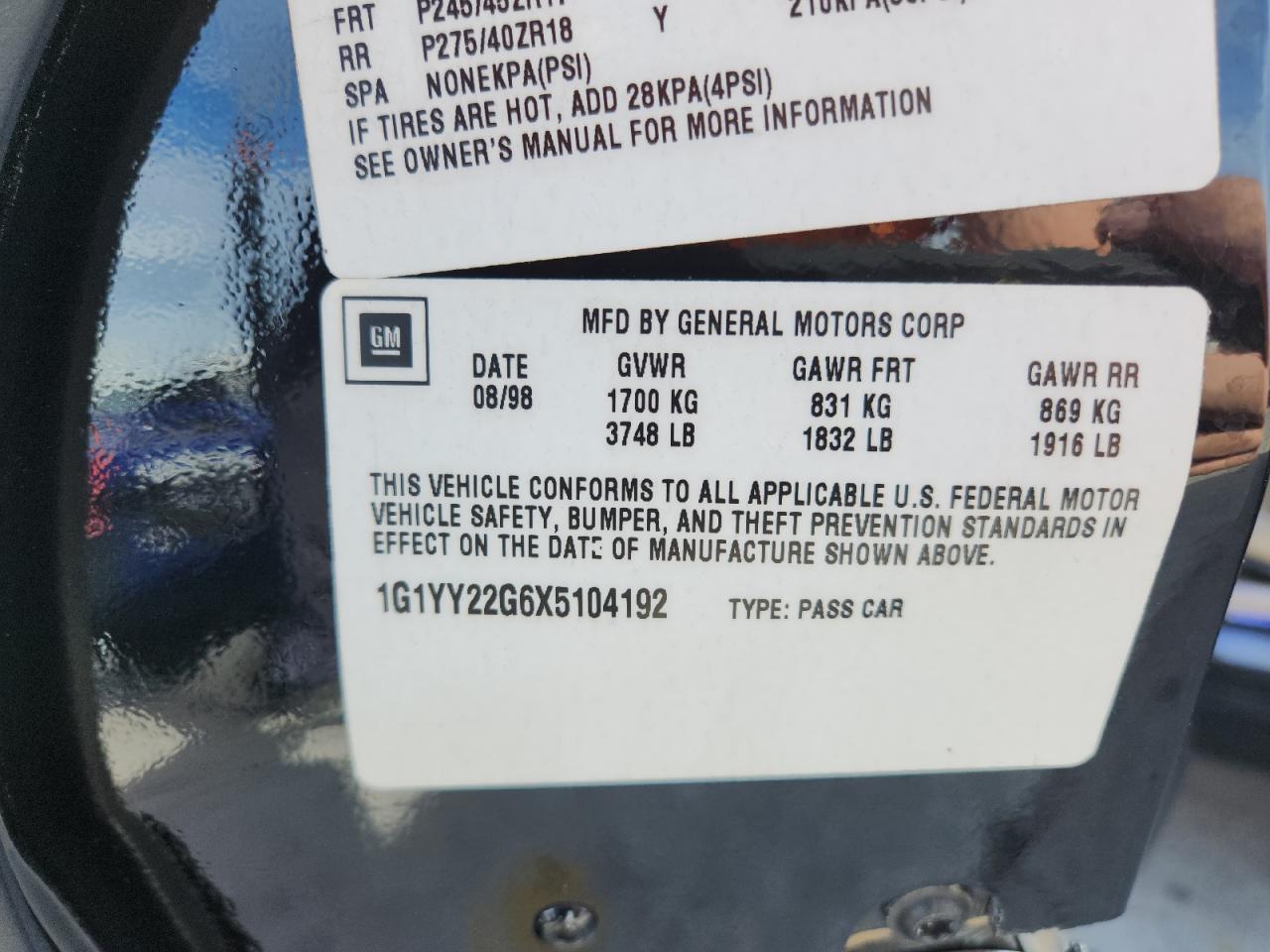 1999 Chevrolet Corvette VIN: 1G1YY22G6X5104192 Lot: 70731485