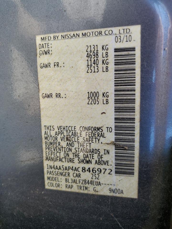 2010 Nissan Maxima S VIN: 1N4AA5AP4AC846972 Lot: 81118995