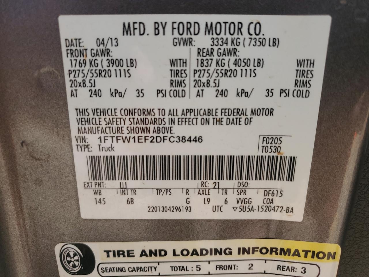 2013 Ford F150 Supercrew VIN: 1FTFW1EF2DFC38446 Lot: 80144465