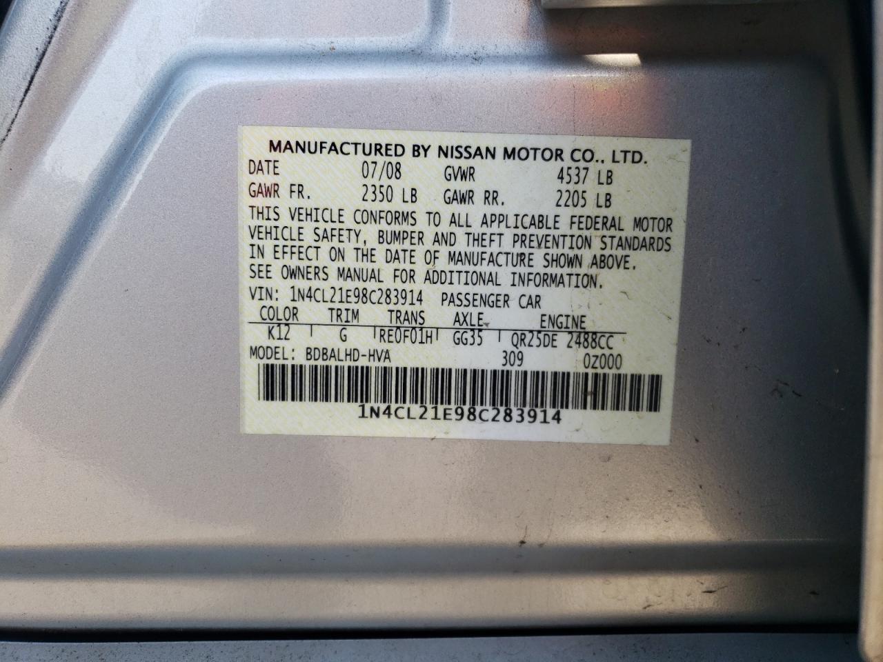 2008 Nissan Altima Hybrid VIN: 1N4CL21E98C283914 Lot: 70954925