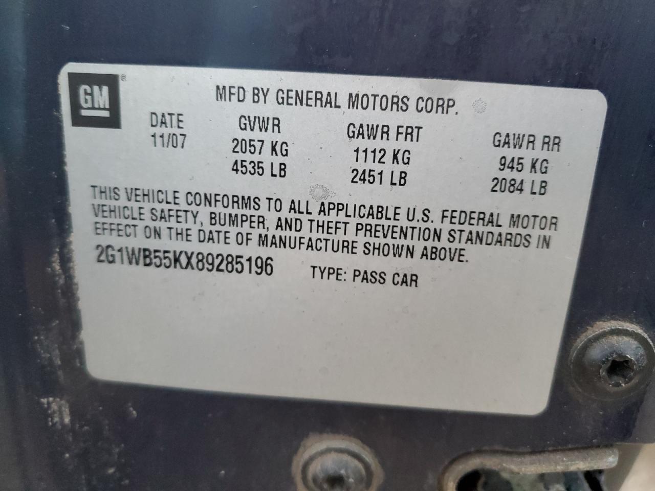 2008 Chevrolet Impala Ls VIN: 2G1WB55KX89285196 Lot: 84043655