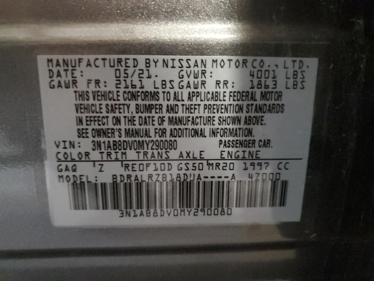 2021 Nissan Sentra Sr VIN: 3N1AB8DV0MY290080 Lot: 80702505