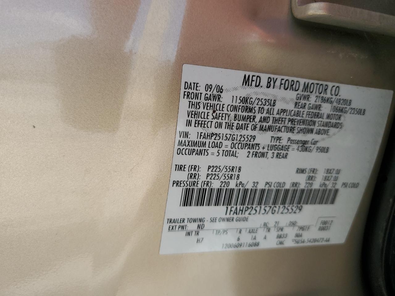 2007 Ford Five Hundred Limited VIN: 1FAHP25157G125529 Lot: 84279175