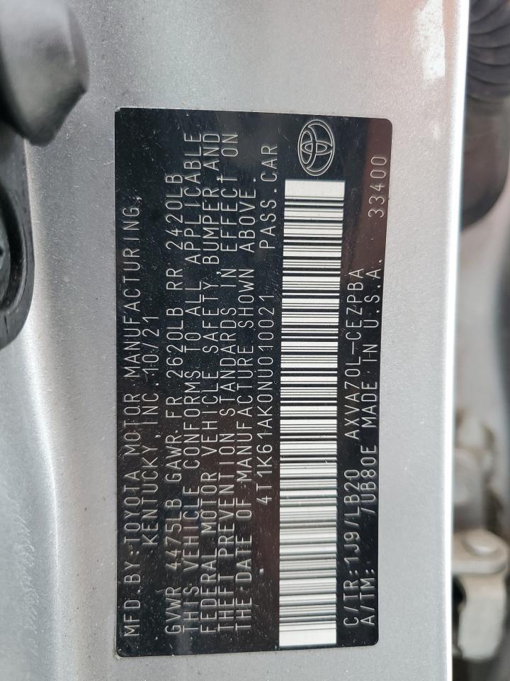 2022 Toyota Camry Xse VIN: 4T1K61AK0NU010021 Lot: 82113115