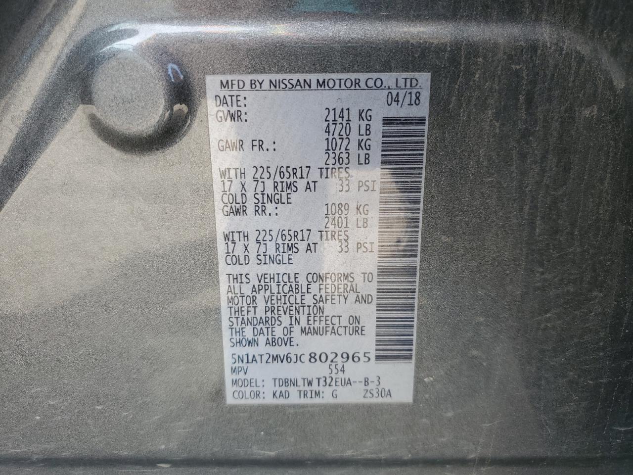 2018 Nissan Rogue S VIN: 5N1AT2MV6JC802965 Lot: 84055765