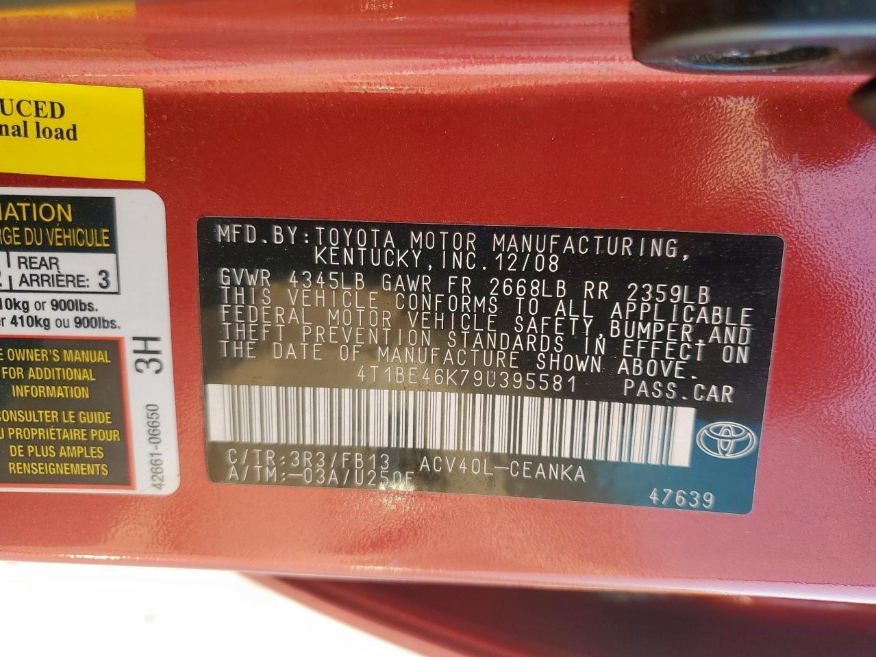 2009 Toyota Camry Base VIN: 4T1BE46K79U395581 Lot: 81125855