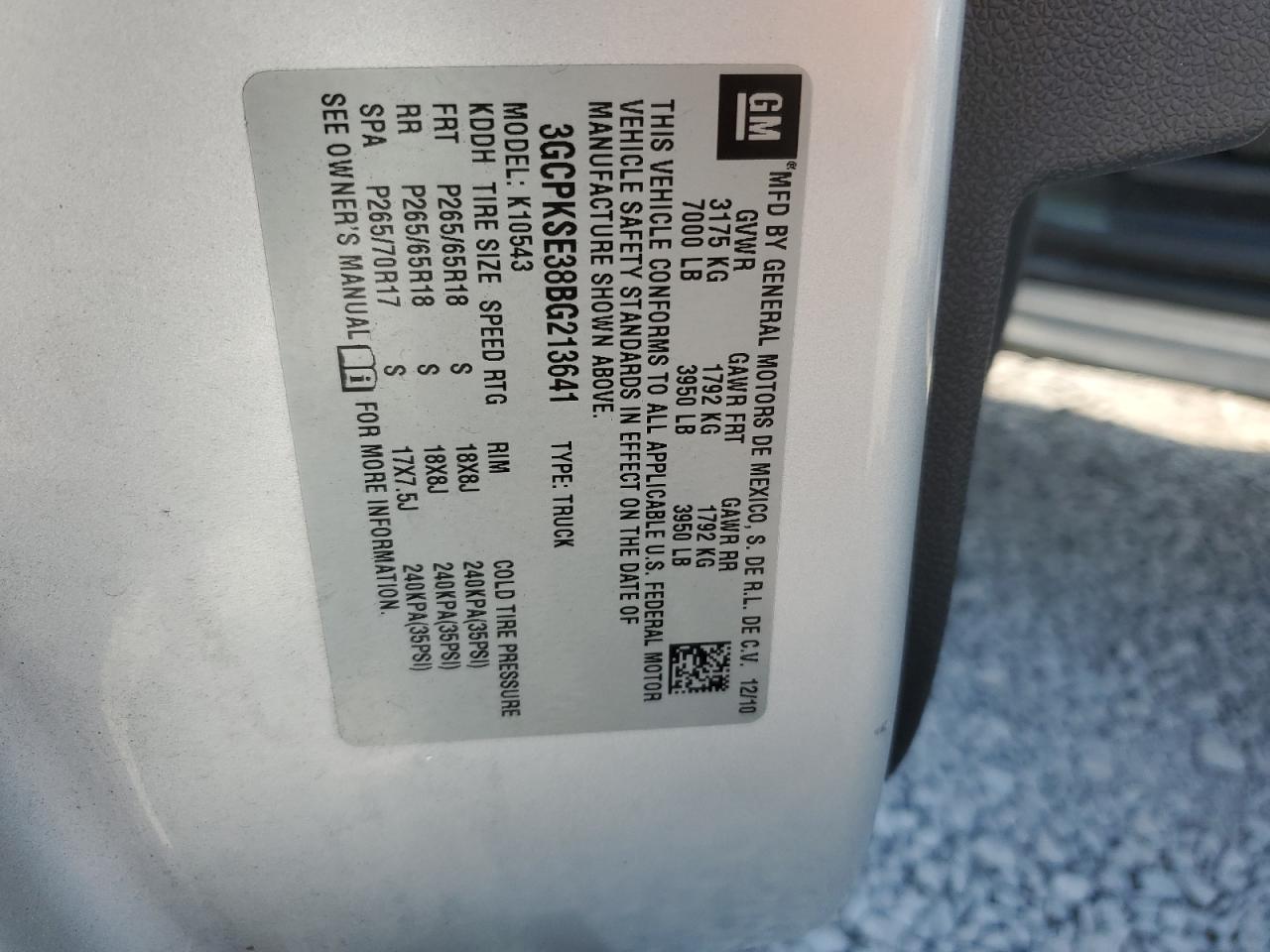 2011 Chevrolet Silverado K1500 Lt VIN: 3GCPKSE38BG213641 Lot: 70456485