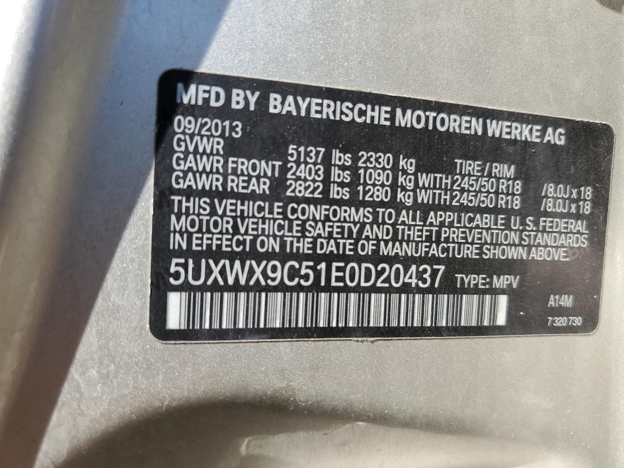 2014 BMW X3 xDrive28I VIN: 5UXWX9C51E0D20437 Lot: 80284265