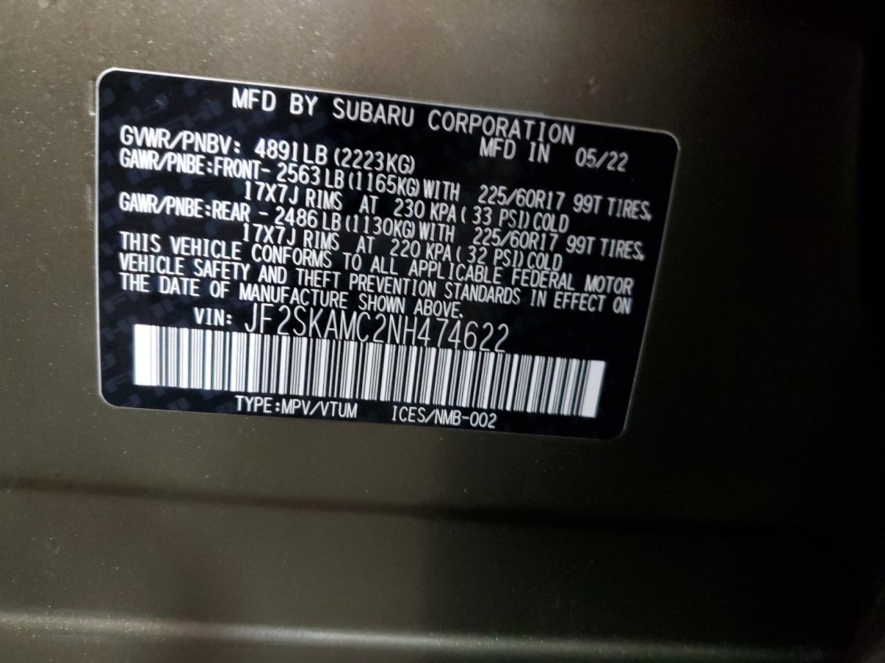 2022 Subaru Forester Wilderness VIN: JF2SKAMC2NH474622 Lot: 83752305