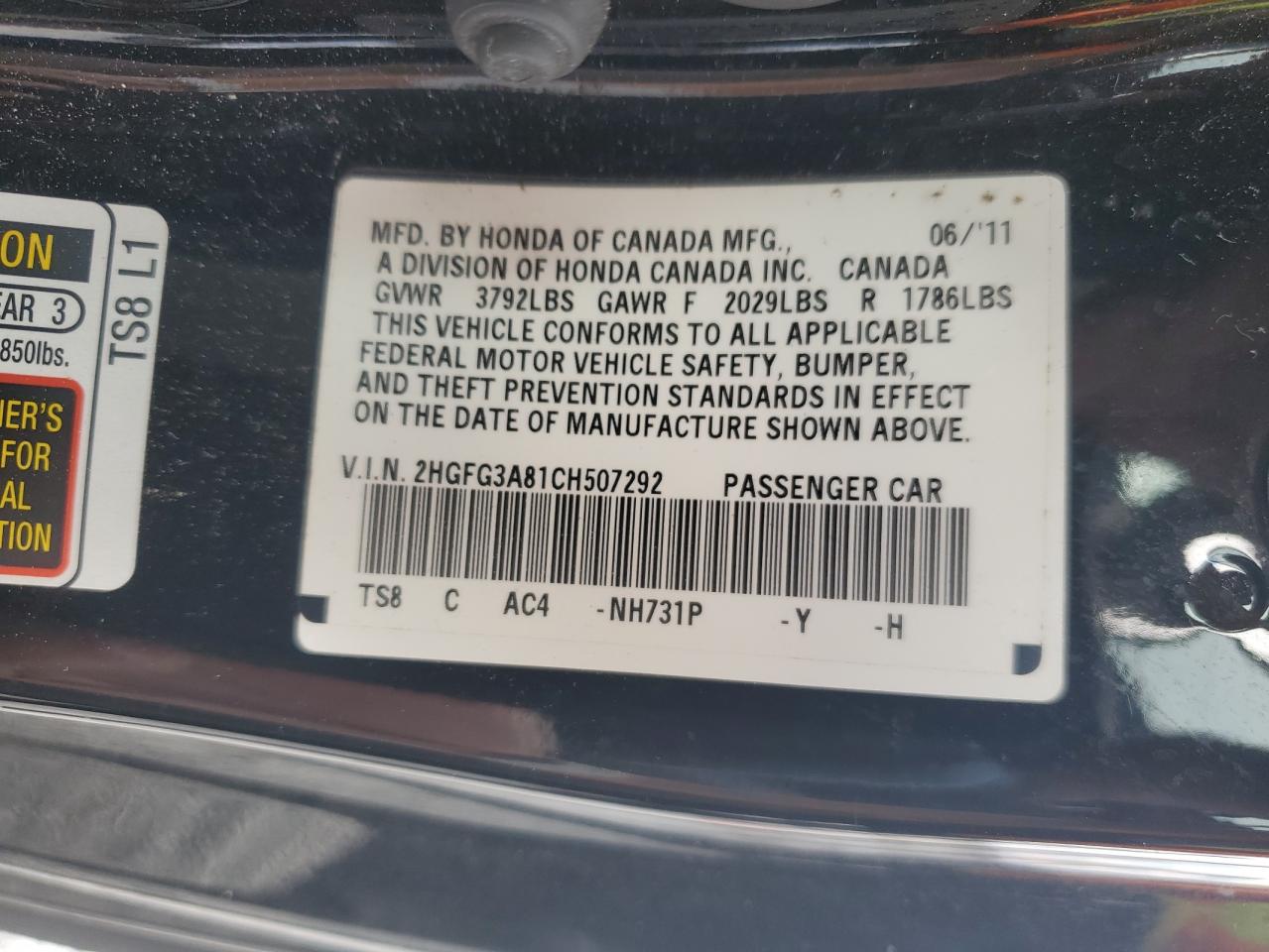 2012 Honda Civic Ex VIN: 2HGFG3A81CH507292 Lot: 84257485