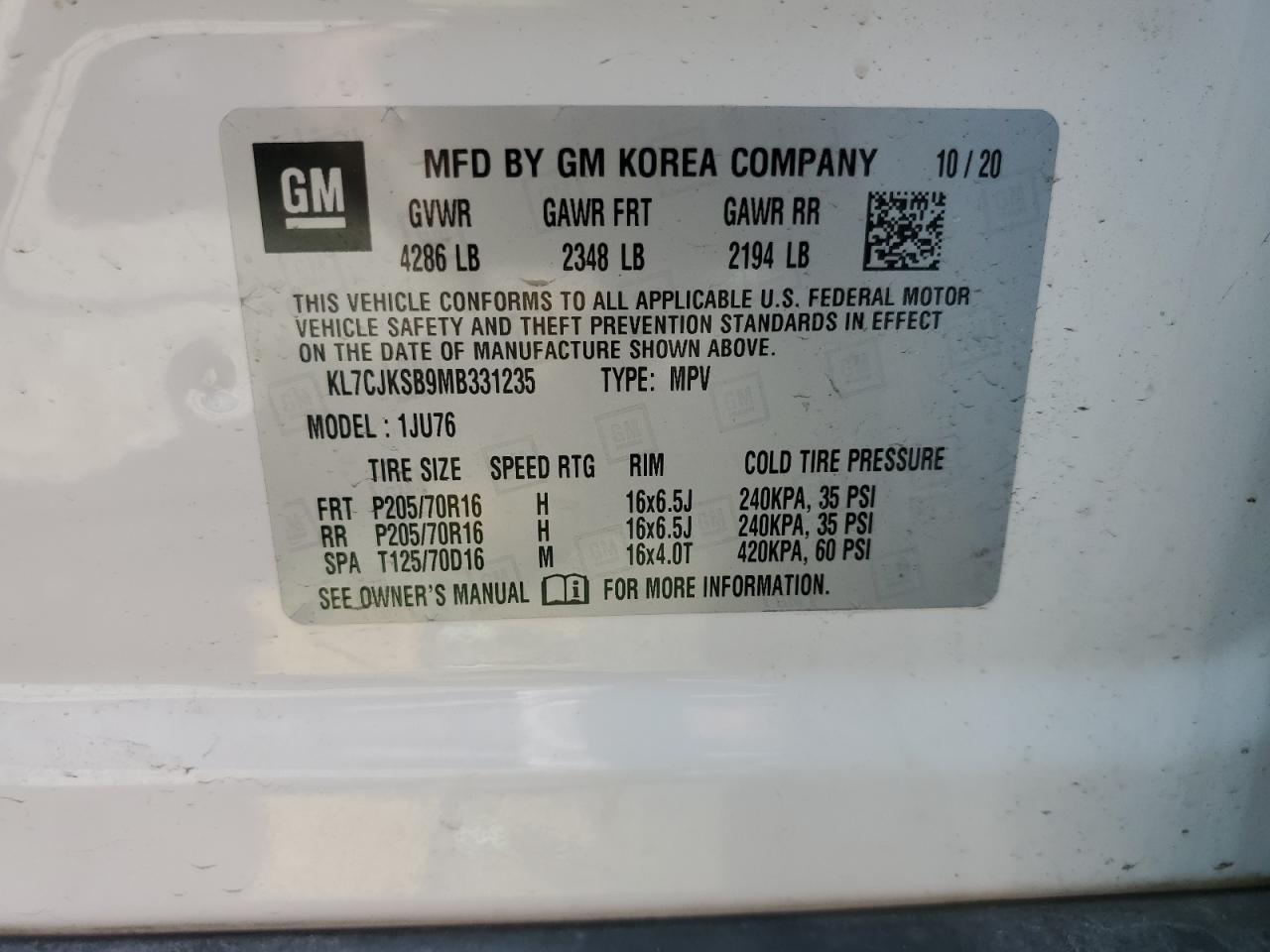 2021 Chevrolet Trax Ls VIN: KL7CJKSB9MB331235 Lot: 80521285