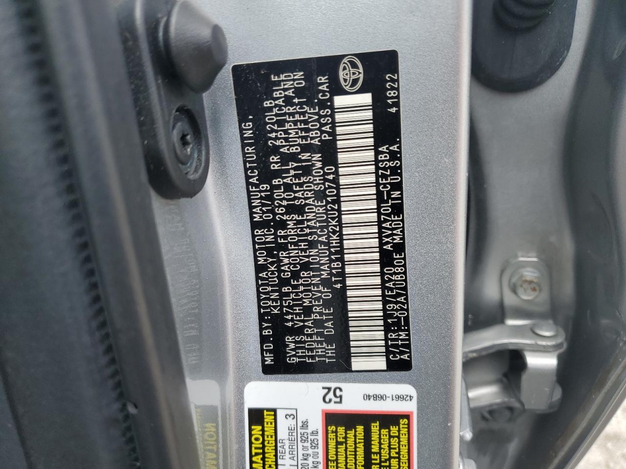 2019 Toyota Camry L VIN: 4T1B11HK2KU210740 Lot: 84741595