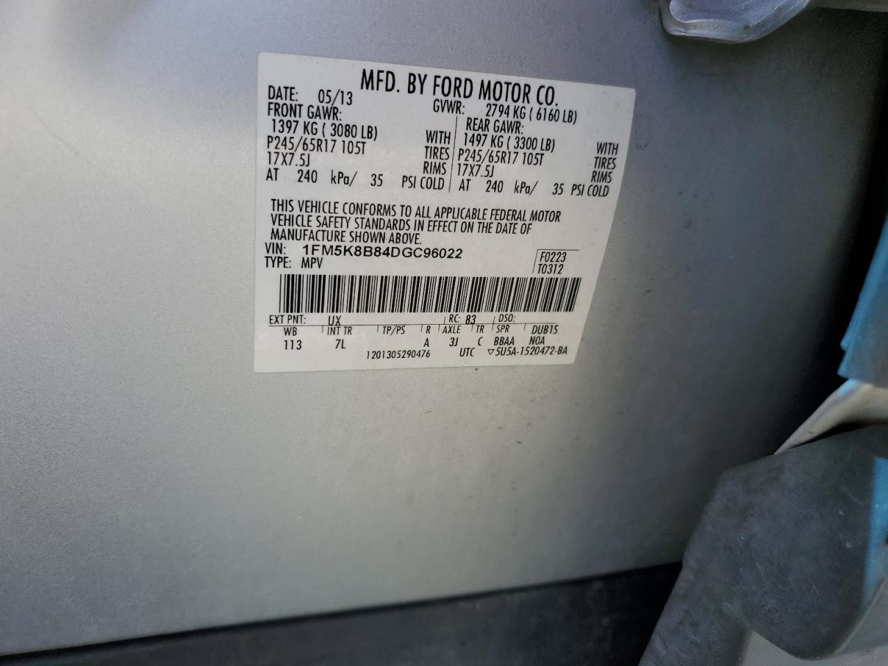 2013 Ford Explorer VIN: 1FM5K8B84DGC96022 Lot: 80747515