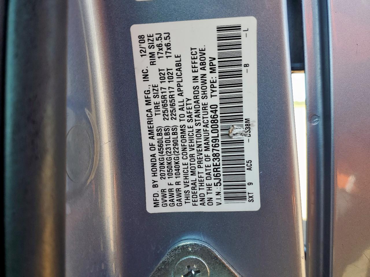 2009 Honda Cr-V Exl VIN: 5J6RE38769L008640 Lot: 84186075