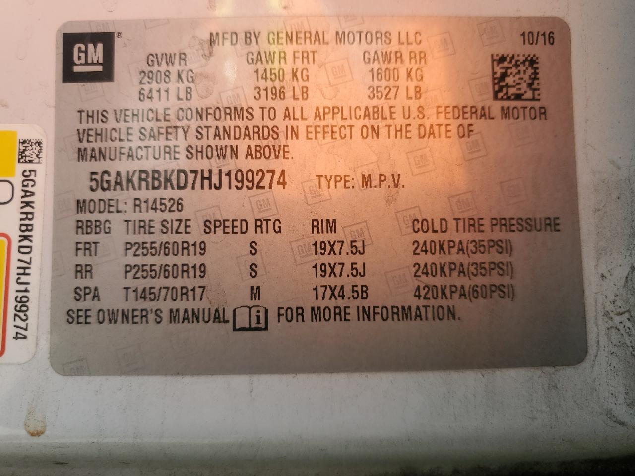 2017 Buick Enclave VIN: 5GAKRBKD7HJ199274 Lot: 80280865