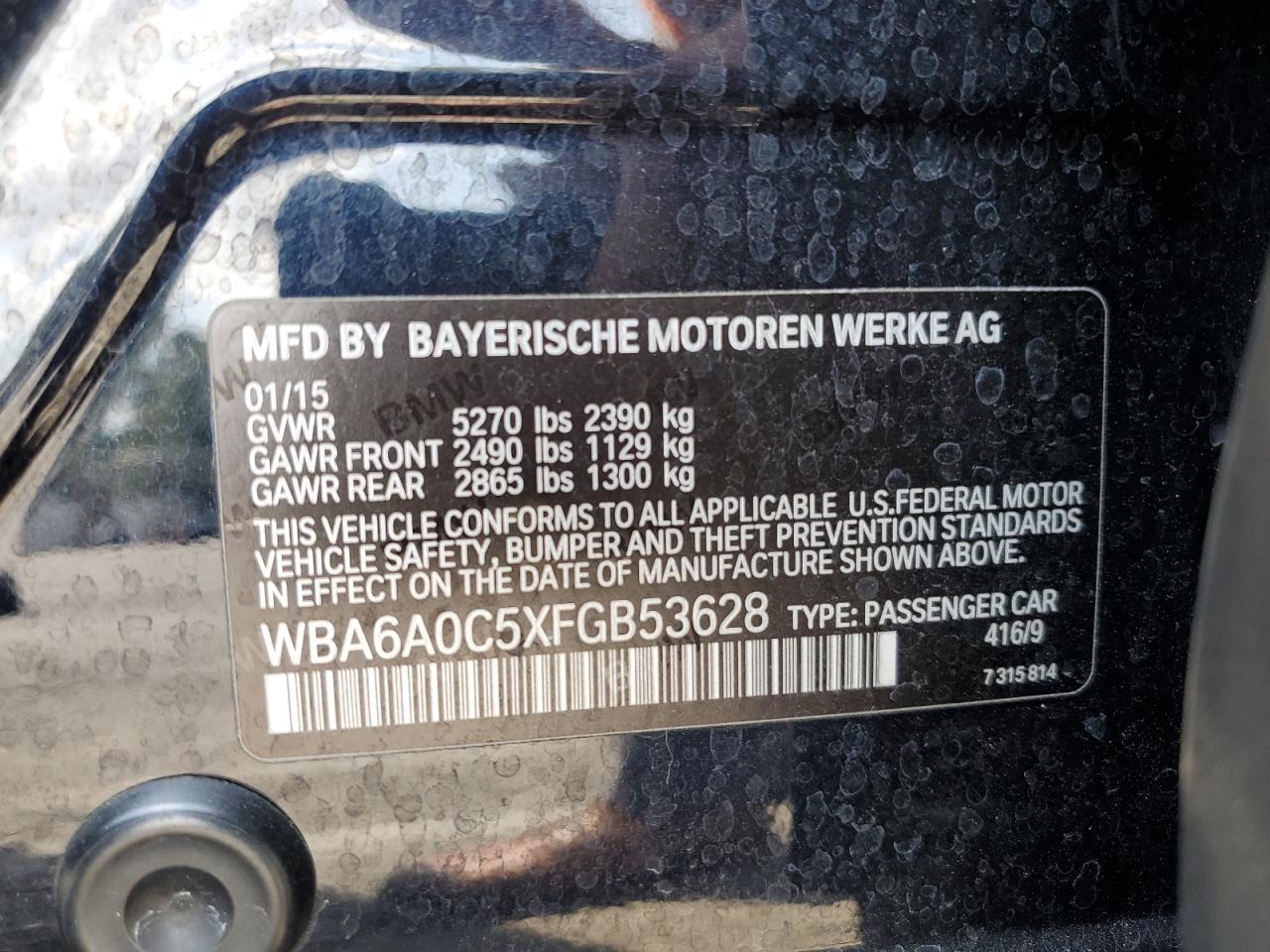 2015 BMW 640 I Gran Coupe VIN: WBA6A0C5XFGB53628 Lot: 72085975