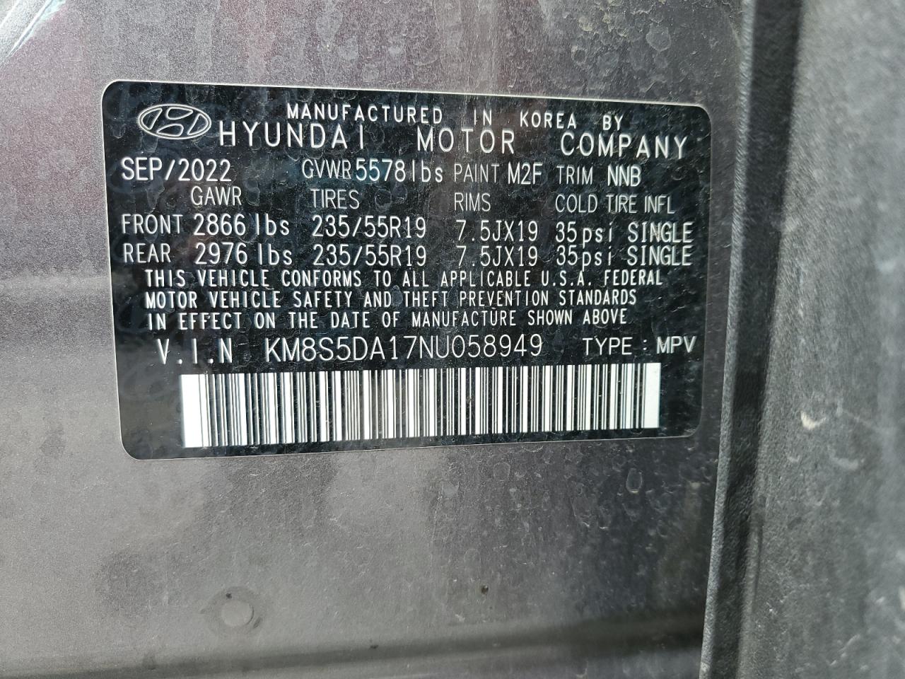 2022 Hyundai Santa Fe Limited VIN: KM8S5DA17NU058949 Lot: 81414975