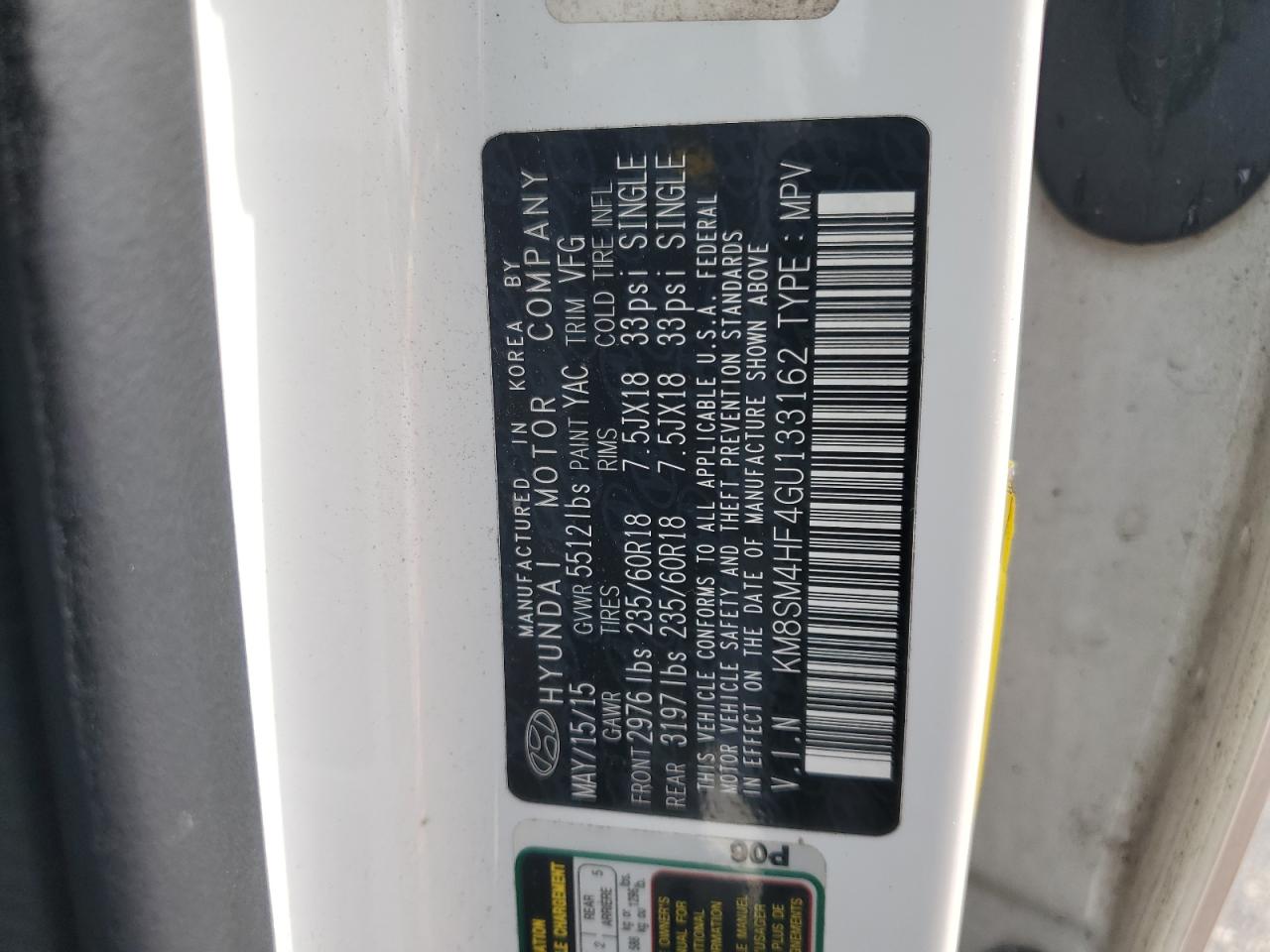 2016 Hyundai Santa Fe Se VIN: KM8SM4HF4GU133162 Lot: 83959315