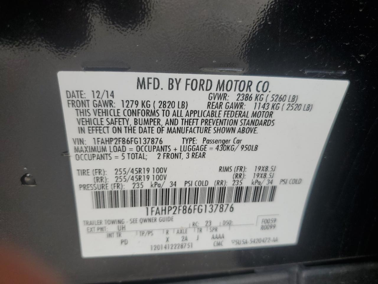 2015 Ford Taurus Limited VIN: 1FAHP2F86FG137876 Lot: 80515845