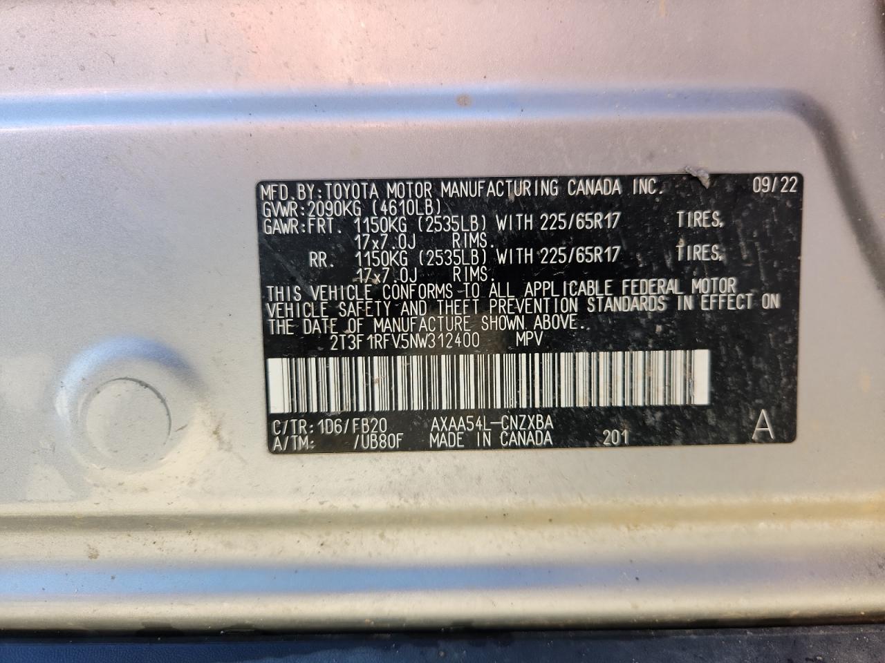 2022 Toyota Rav4 Le VIN: 2T3F1RFV5NW312400 Lot: 81848995