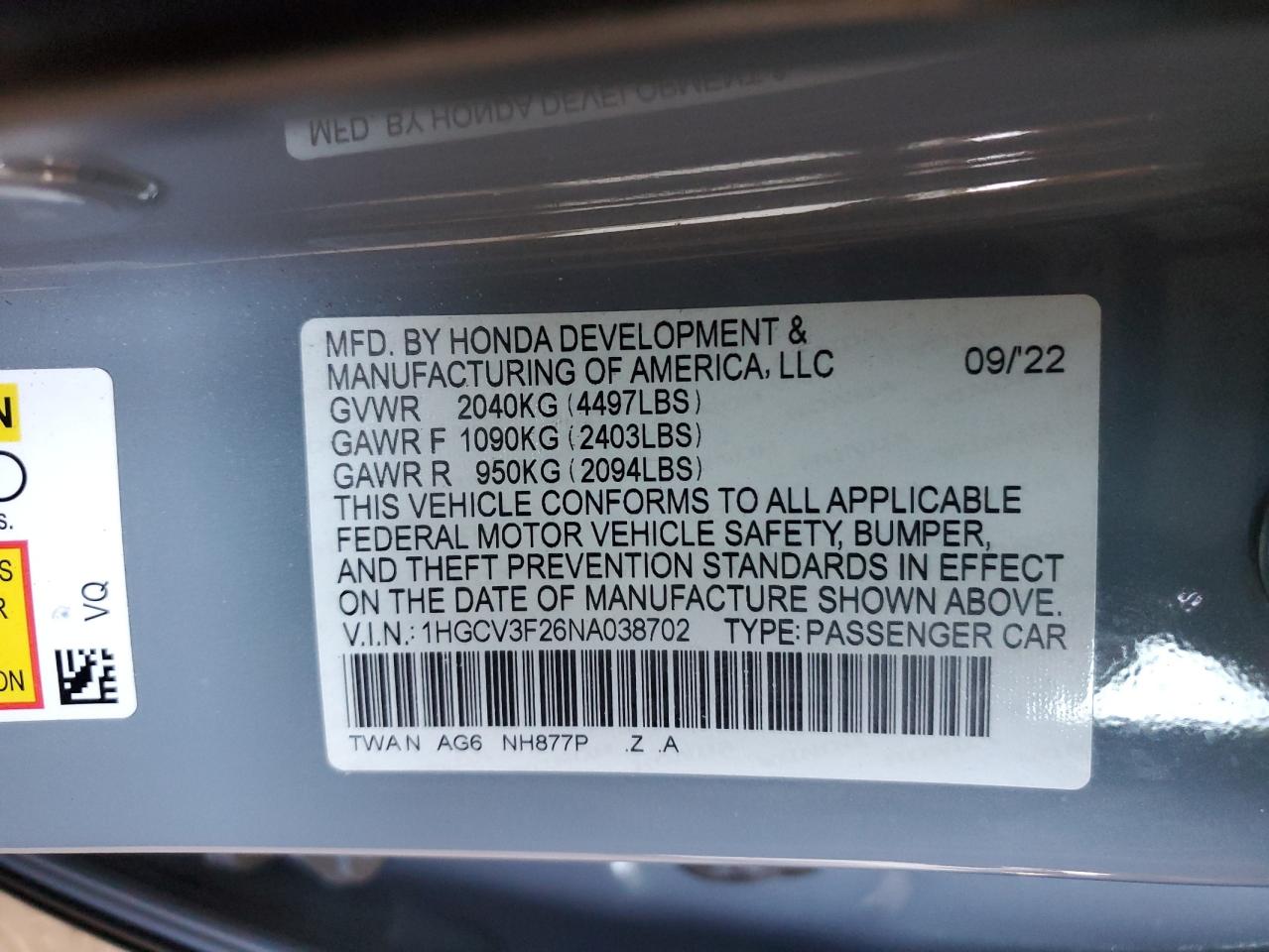 2022 Honda Accord Hybrid Sport VIN: 1HGCV3F26NA038702 Lot: 80028305