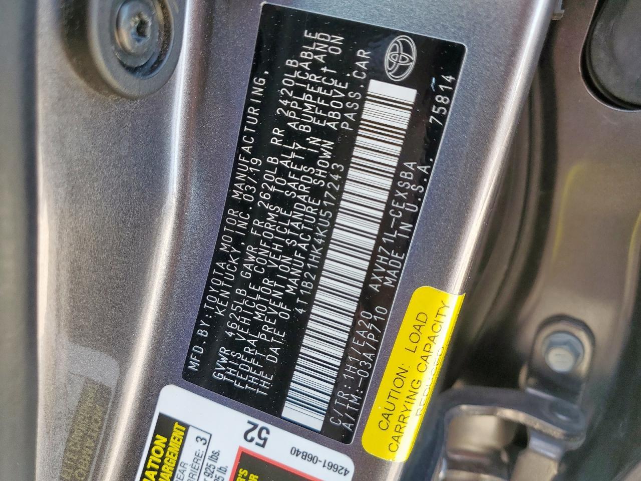 2019 Toyota Camry Hybrid VIN: 4T1B21HK4KU517243 Lot: 83873985