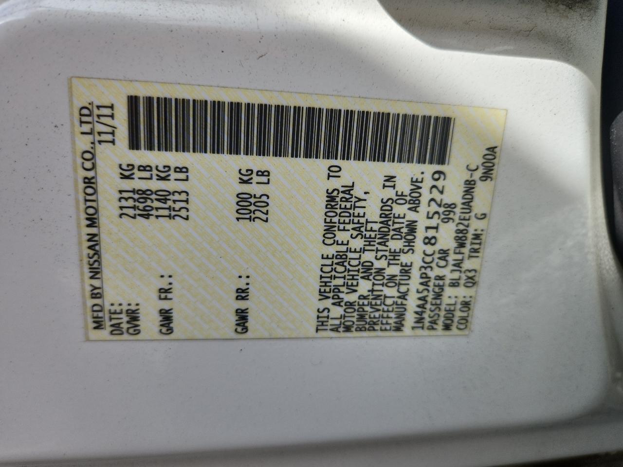 2012 Nissan Maxima S VIN: 1N4AA5AP3CC815229 Lot: 83980185