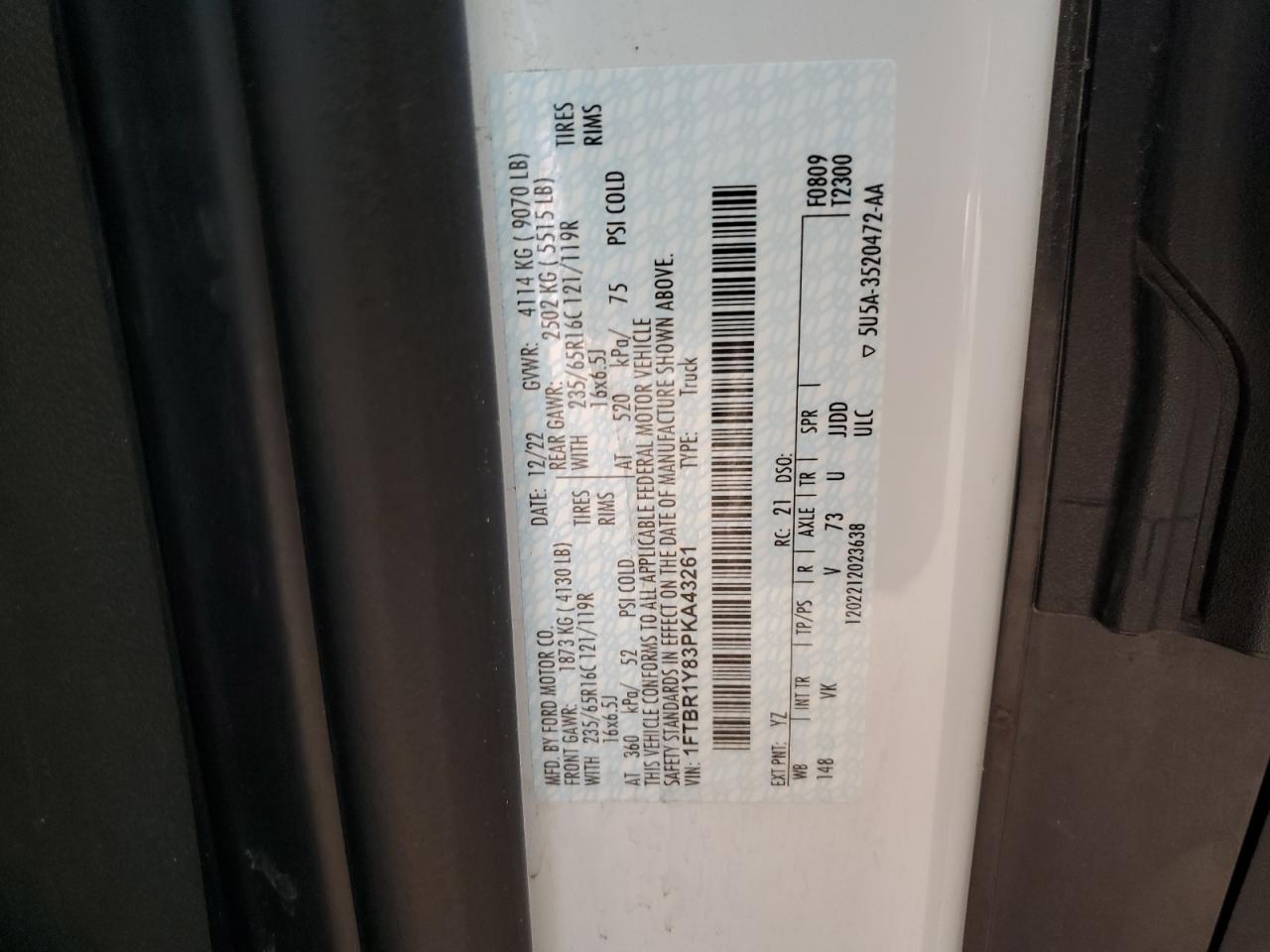 2023 Ford Transit T-250 VIN: 1FTBR1Y83PKA43261 Lot: 87121605