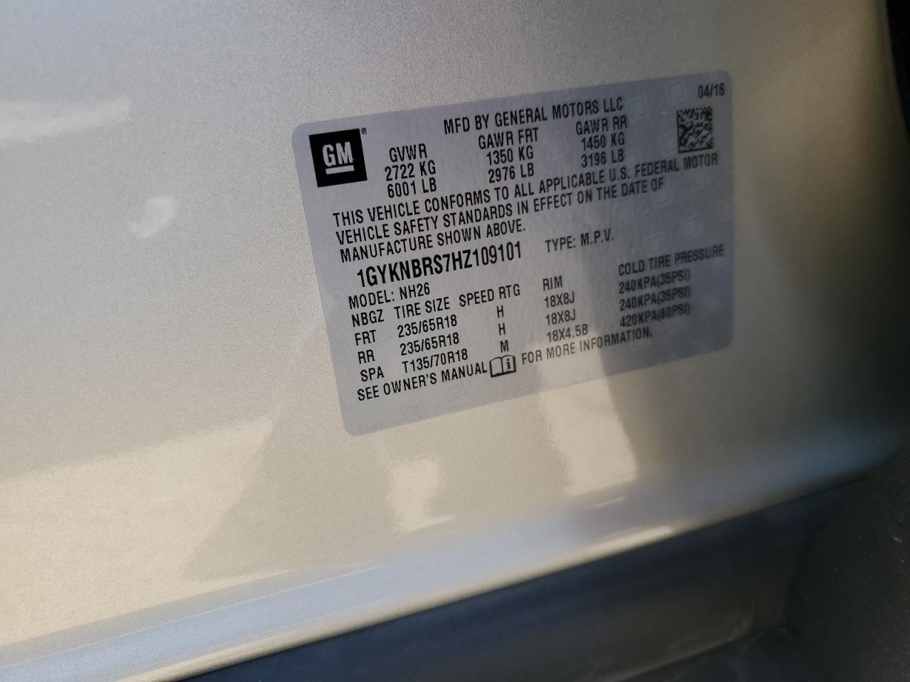 2017 Cadillac Xt5 Luxury VIN: 1GYKNBRS7HZ109101 Lot: 83962855