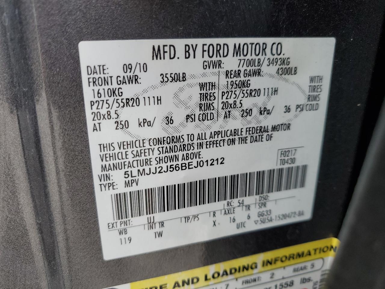 2011 Lincoln Navigator VIN: 5LMJJ2J56BEJ01212 Lot: 80310975