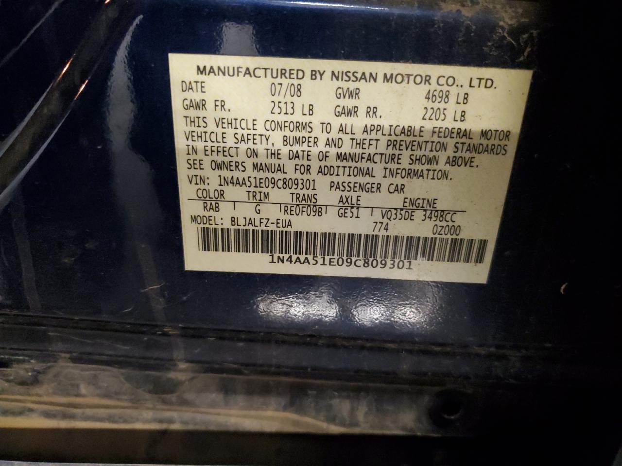 2009 Nissan Maxima S VIN: 1N4AA51E09C809301 Lot: 81599755