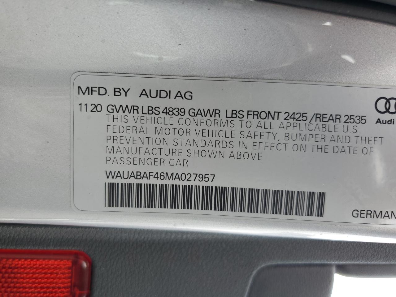 2021 Audi A4 Premium 40 VIN: WAUABAF46MA027957 Lot: 84608335