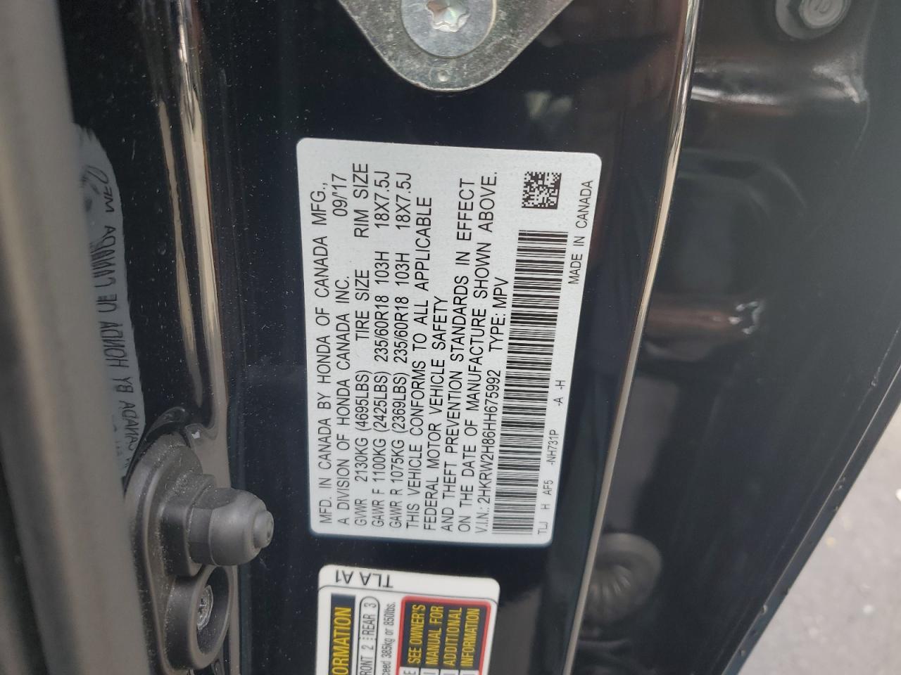 2017 Honda Cr-V Exl VIN: 2HKRW2H86HH675992 Lot: 70268275