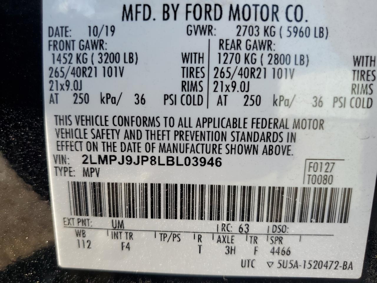 2020 Lincoln Nautilus Black Label VIN: 2LMPJ9JP8LBL03946 Lot: 80515035