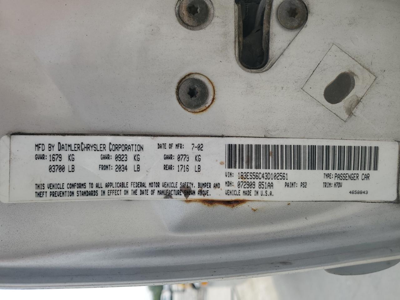 2003 Dodge Neon Sxt VIN: 1B3ES56C43D102561 Lot: 71547095