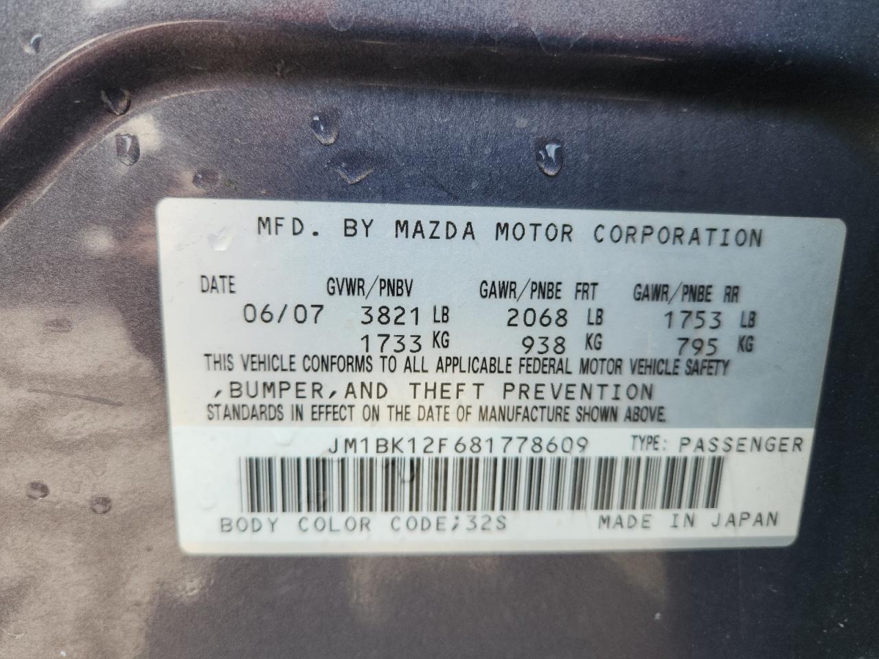 2008 Mazda 3 I VIN: JM1BK12F681778609 Lot: 81087255