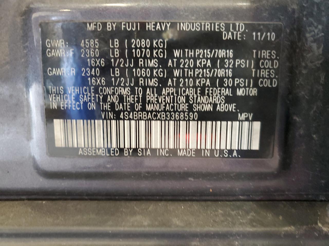 2011 Subaru Outback 2.5I VIN: 4S4BRBACXB3368590 Lot: 82062005