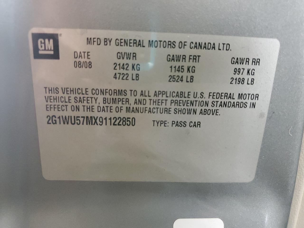 2009 Chevrolet Impala Ltz VIN: 2G1WU57MX91122850 Lot: 81018575