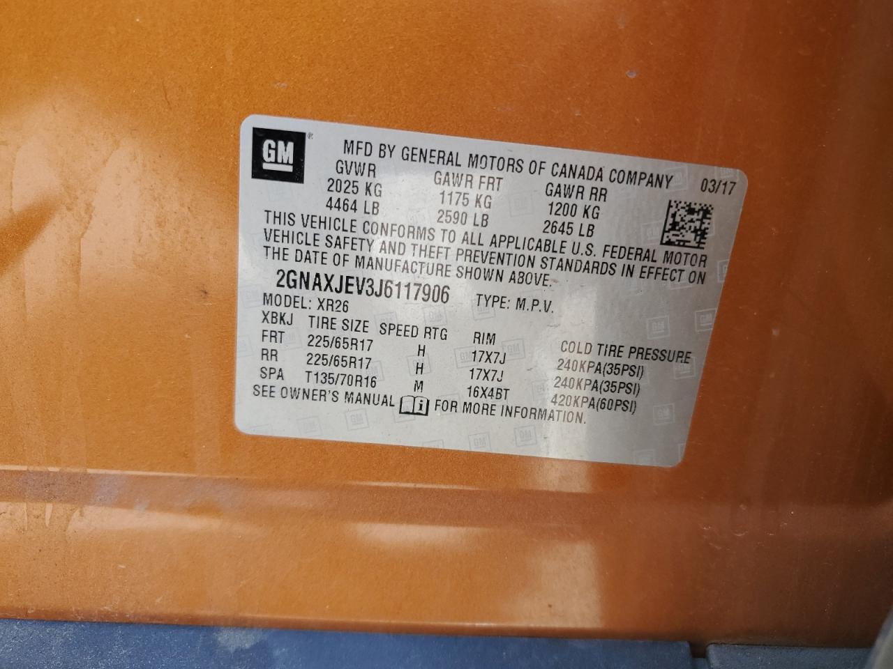 2018 Chevrolet Equinox Lt VIN: 2GNAXJEV3J6117906 Lot: 71707795