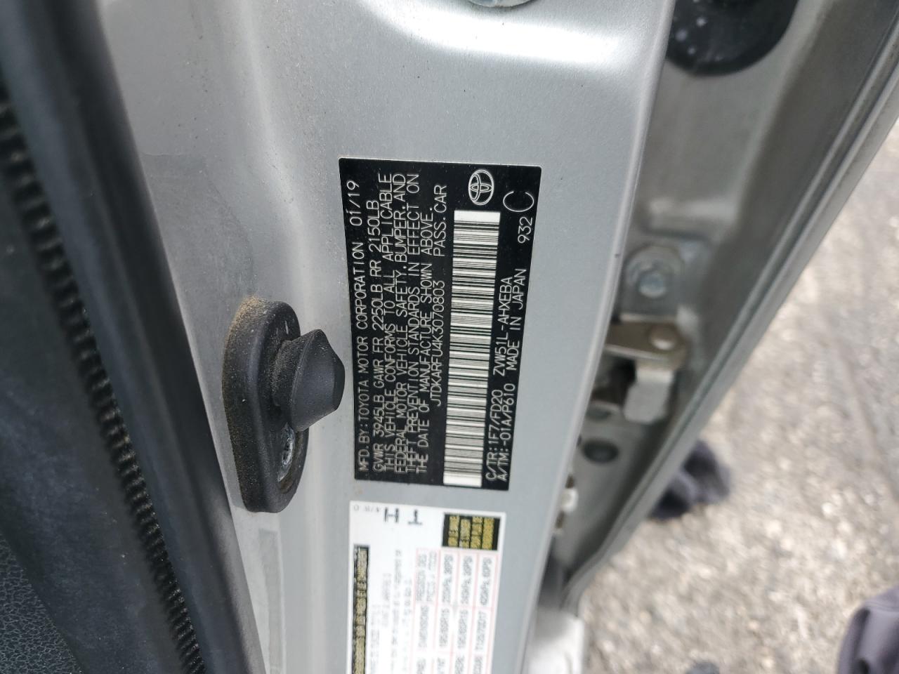 2019 Toyota Prius VIN: JTDKARFU4K3070803 Lot: 81166245